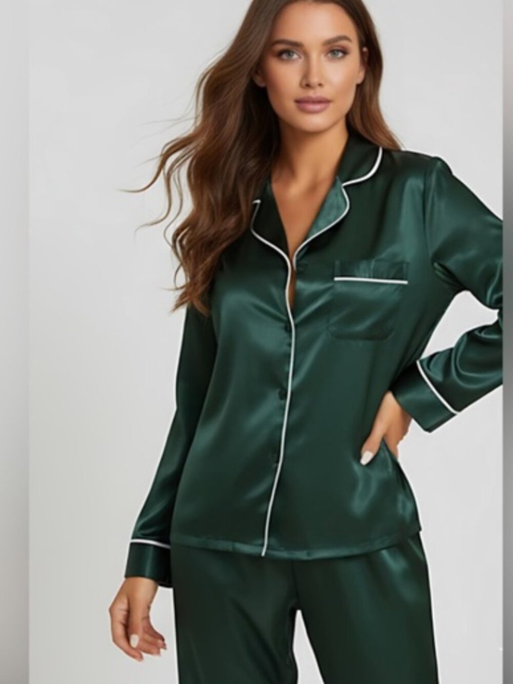 Lapel Collar Satin PJ Set / Pyjama Set Emerald Green